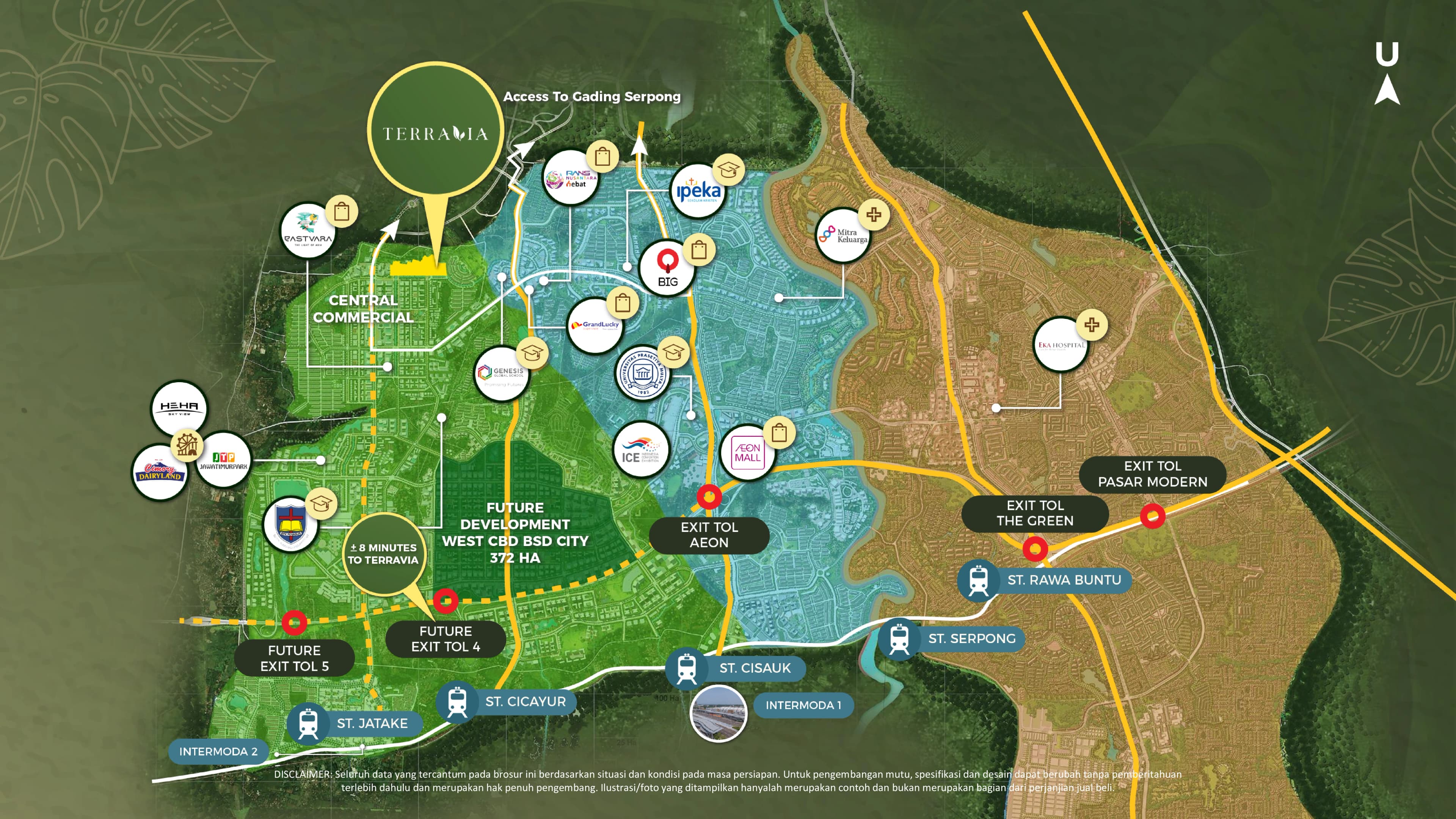 BSD Site Plan yang menunjukkan akses Terravia BSD City ke tol, stasiun, pusat belanja, sekolah, dan rumah sakit